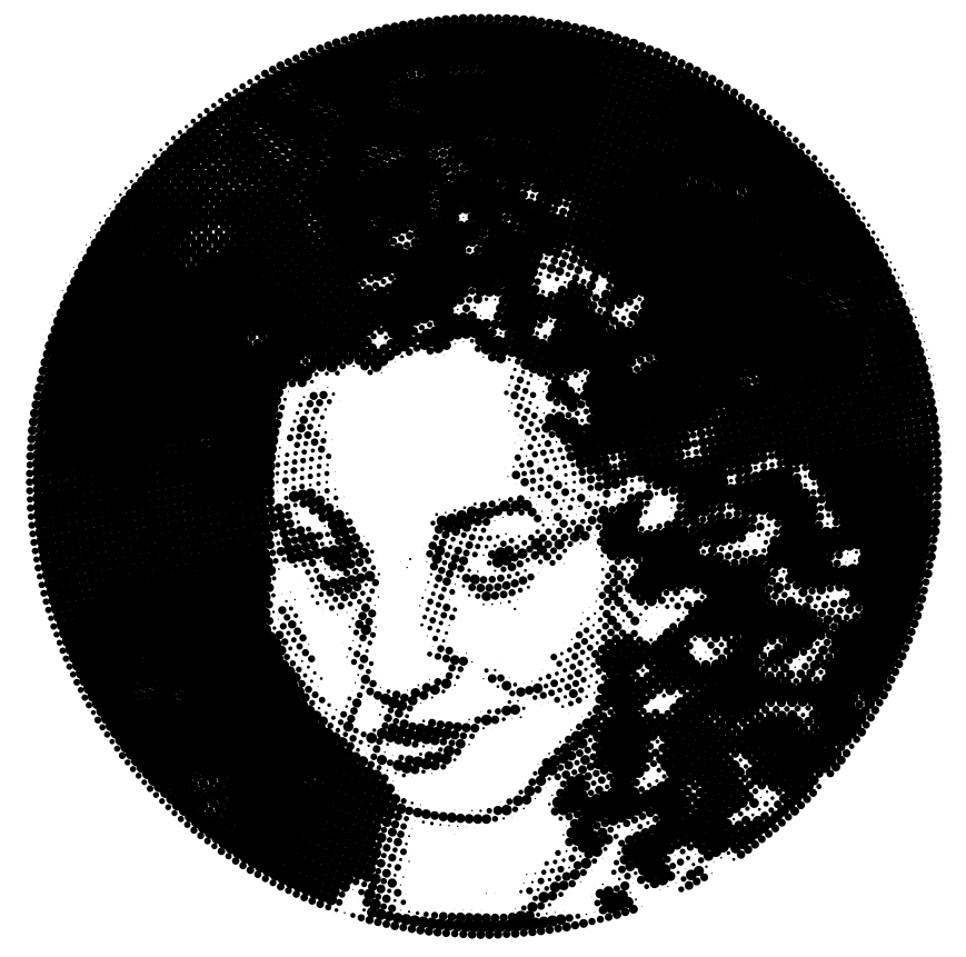 A black and white illustrated close up portrait